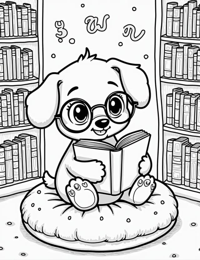 Cozy Puppy Reading Nook Coloring Page