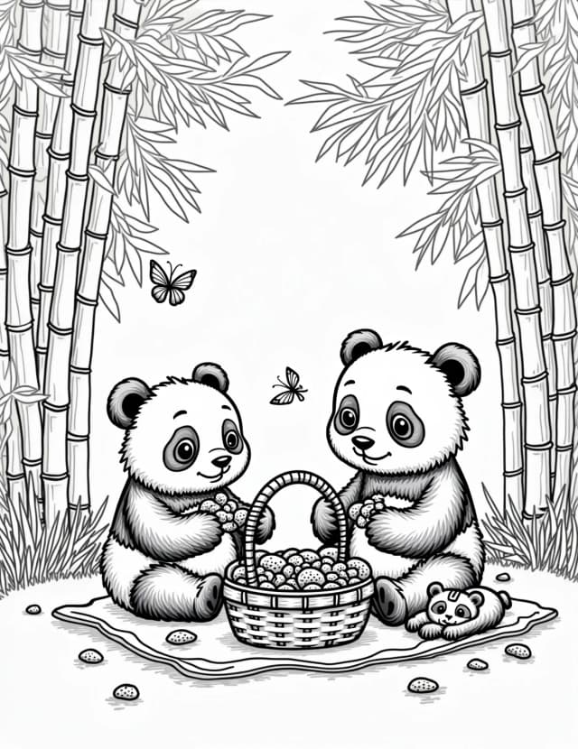 Panda Family Picnic Coloring Page