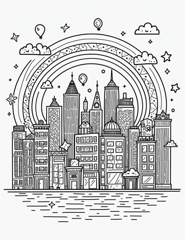 Rainbow Cityscape Silhouette Coloring Page