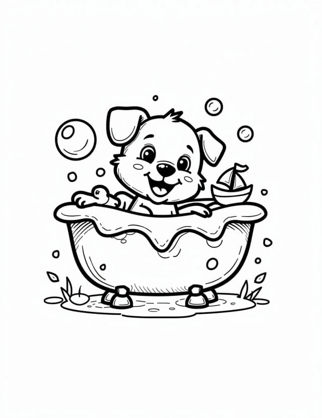 Playful Puppy's Bubble Bath Bonanza Coloring Page