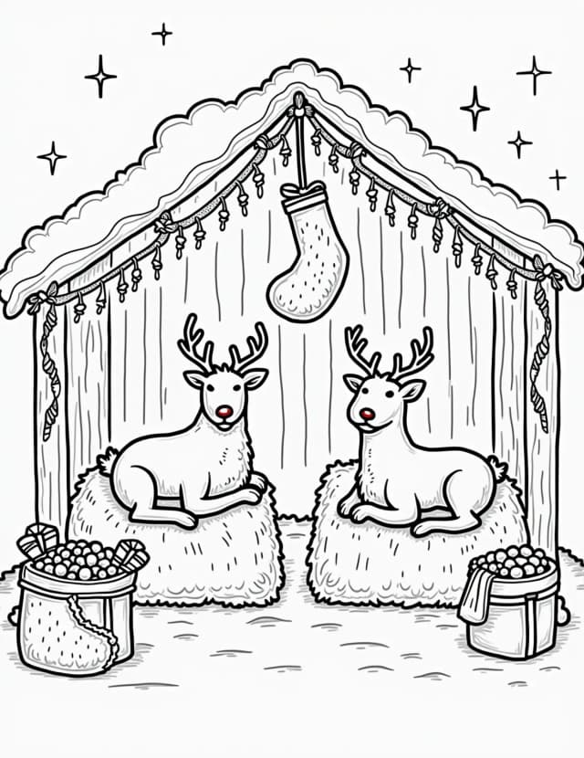 Santa's Reindeer Stable Coloring Page