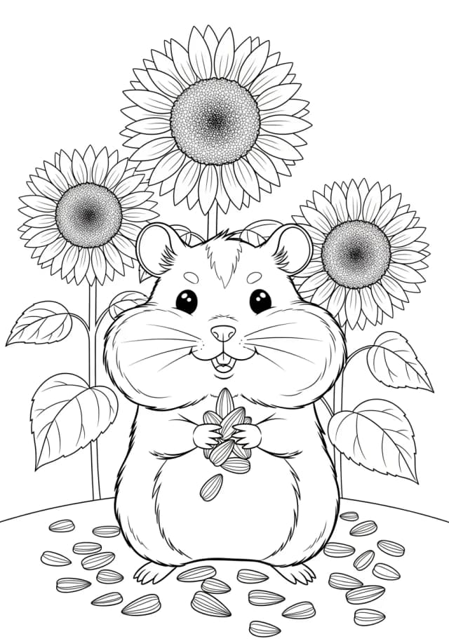 Cute Hamster Sunflower Garden Coloring Page