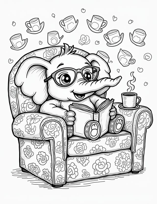 Elephant's Cozy Reading Nook Coloring Page