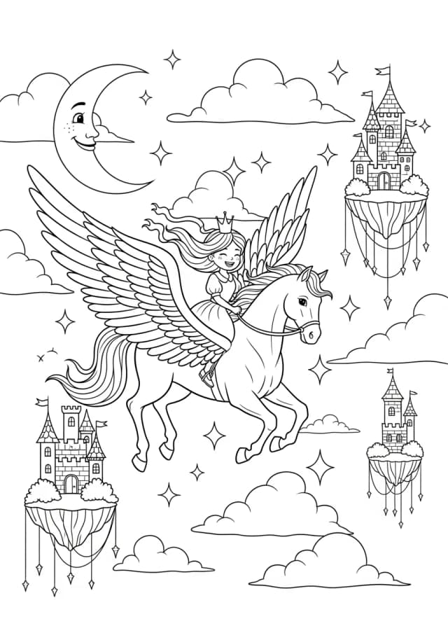 Princess Riding Pegasus Coloring Page