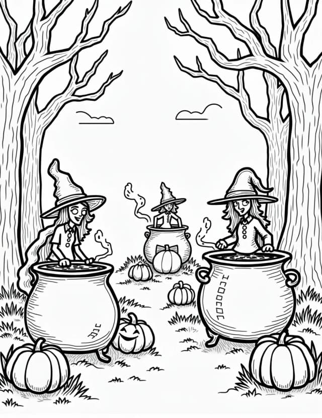Witches' Autumn Potion Brewing Contest Coloring Page