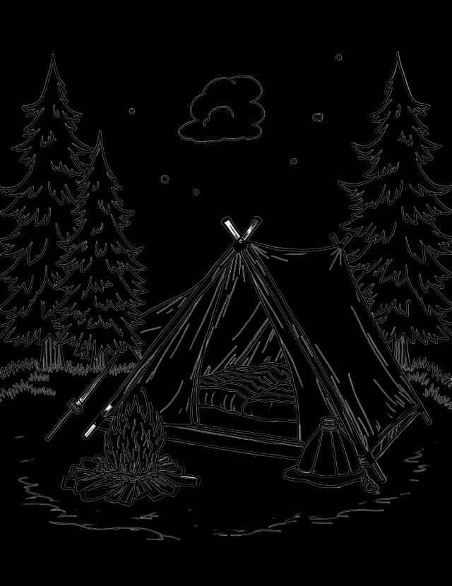 a campsite with a campfire and tent