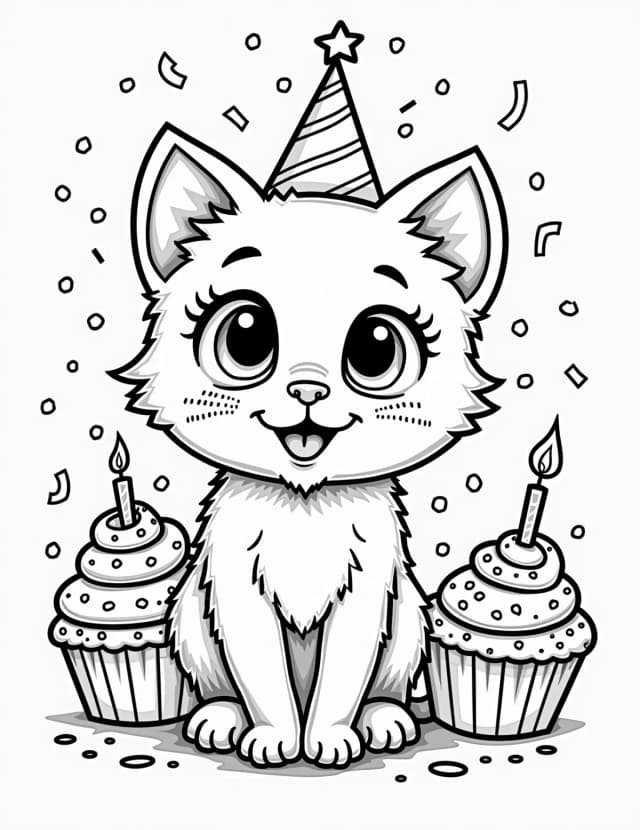 Kawaii Kitty's Cupcake Party Coloring Page