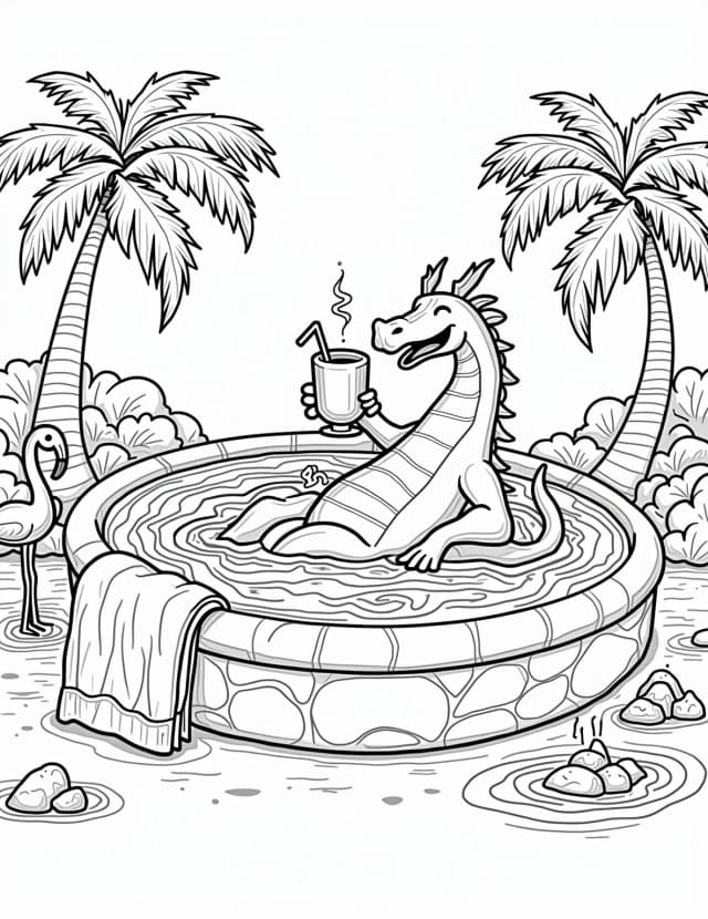 Dragon's Volcanic Spa Retreat Coloring Page