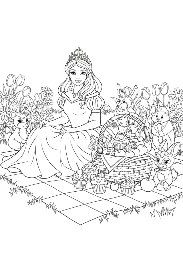 Princess Picnic Meadow Coloring Page