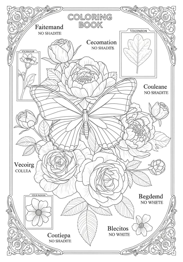 Vintage Victorian Butterfly Botanical Study Coloring Page