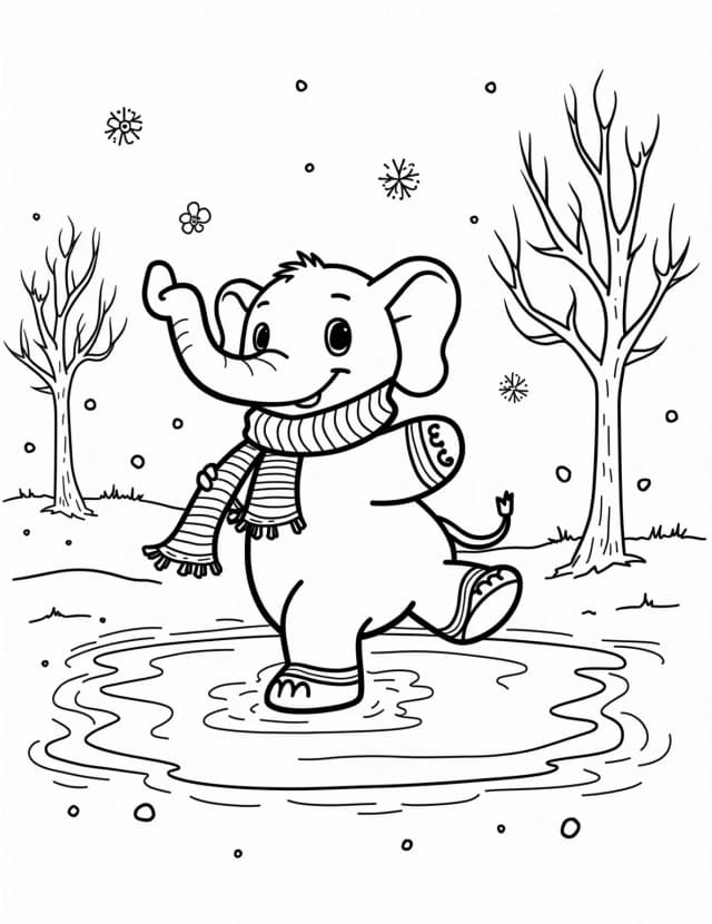 Elephant's Winter Wonderland Coloring Page