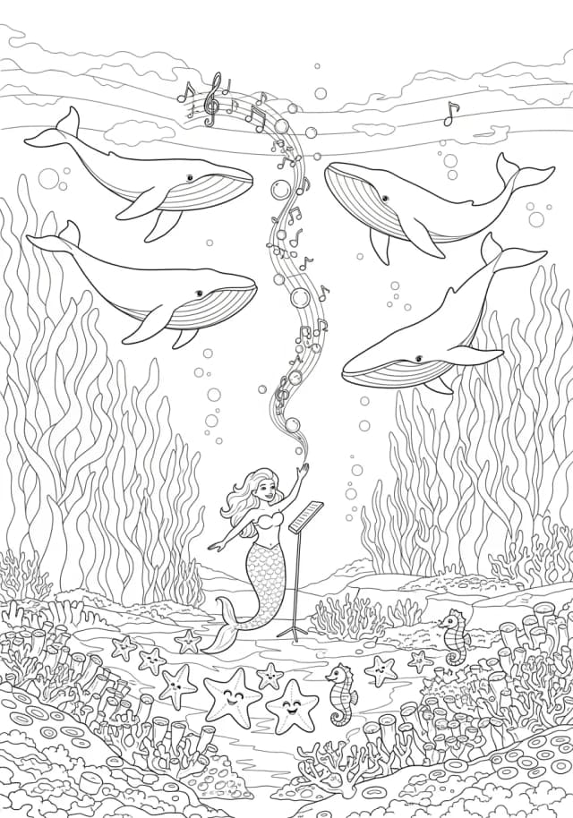 Mermaid's Whale Song Concert Coloring Page