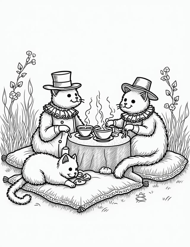 Elegant Cat Tea Party Coloring Page