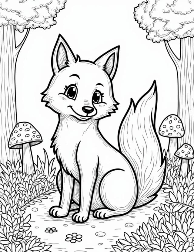 Curious Red Fox in the Forest Coloring Page