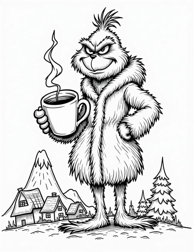 Grinch's Grumpy Morning Coffee Coloring Page