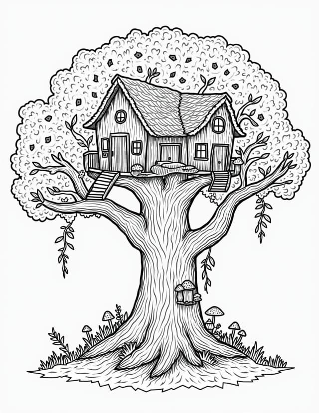 Fairy Treehouse Village Coloring Page