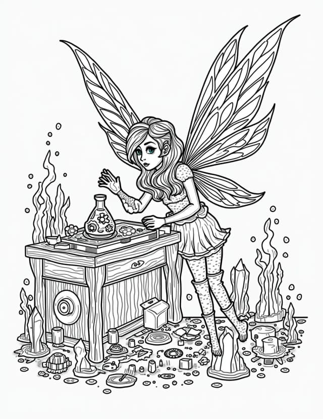 Steampunk Fairy Inventor's Workshop Coloring Page