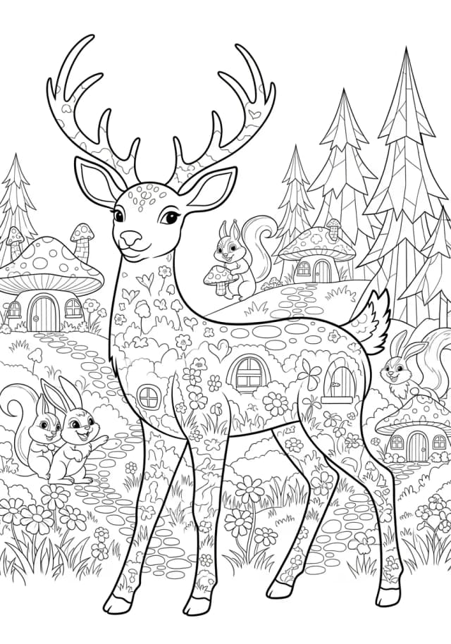 Elegant Deer Forest Silhouette Coloring Page