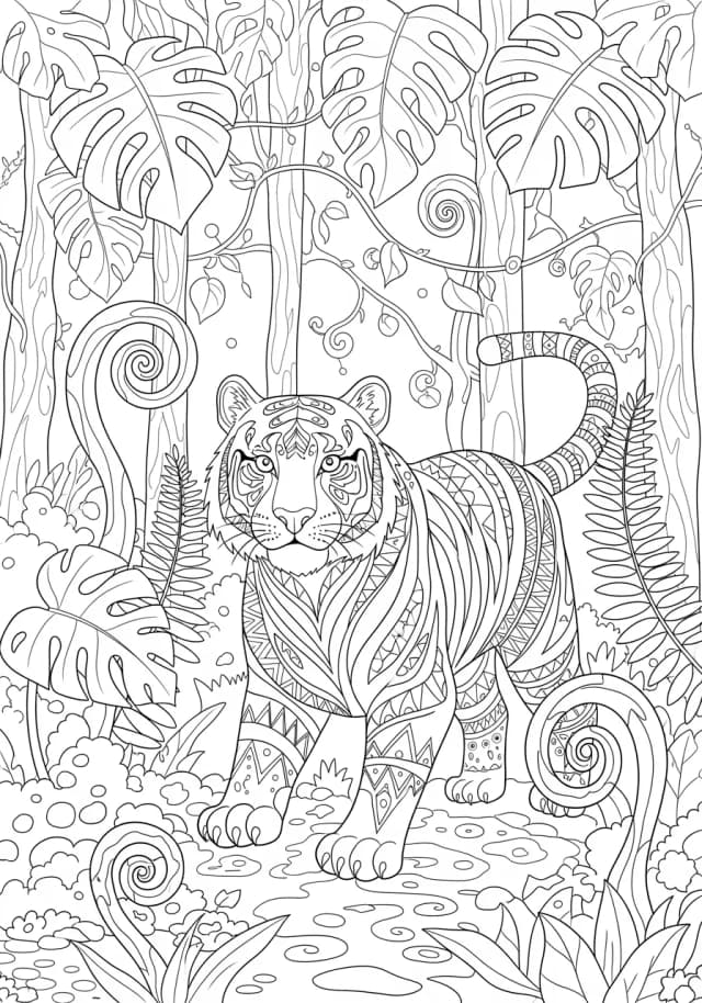 Complex Zentangle Tiger Jungle Coloring Page