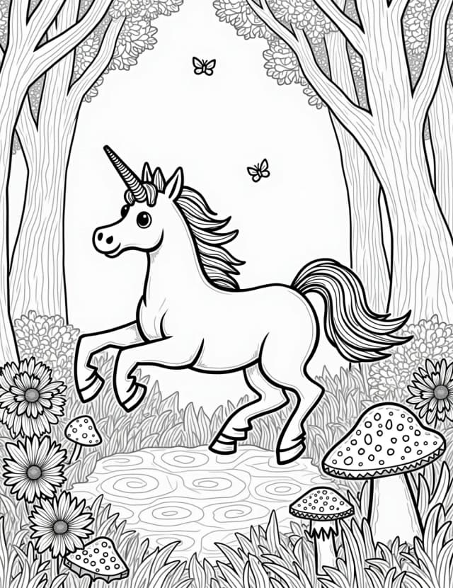 Majestic Unicorn's Rainbow Forest Coloring Page