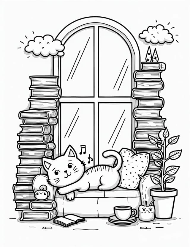 Cat's Cozy Reading Nook Coloring Page