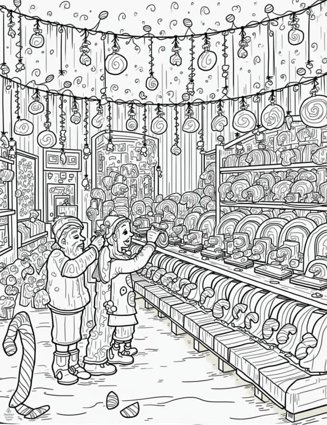 Christmas Light Candy Cane Factory Coloring Page