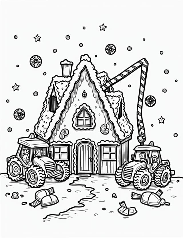 Gingerbread Construction Crew Building Site Coloring Page