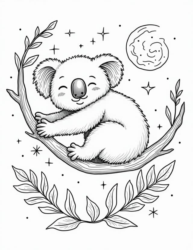 Sleepy Koala's Eucalyptus Dream Coloring Page