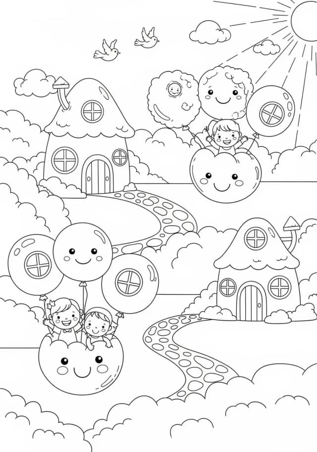 Cozy cloud village with balloon riders