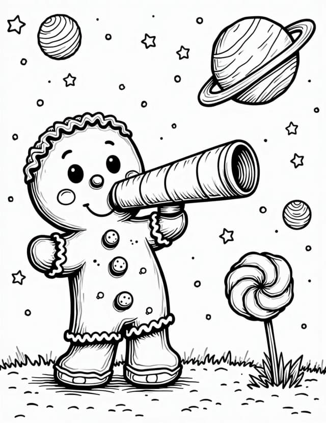 Gingerbread Astronomer's Stargazing Night Coloring Page