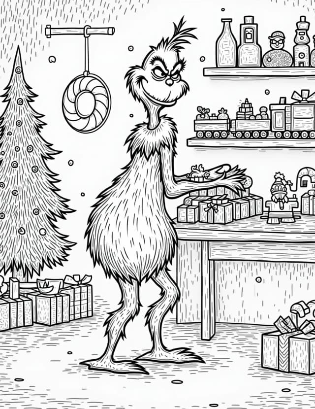 Grinch's Magical Gift-Making Workshop Coloring Page