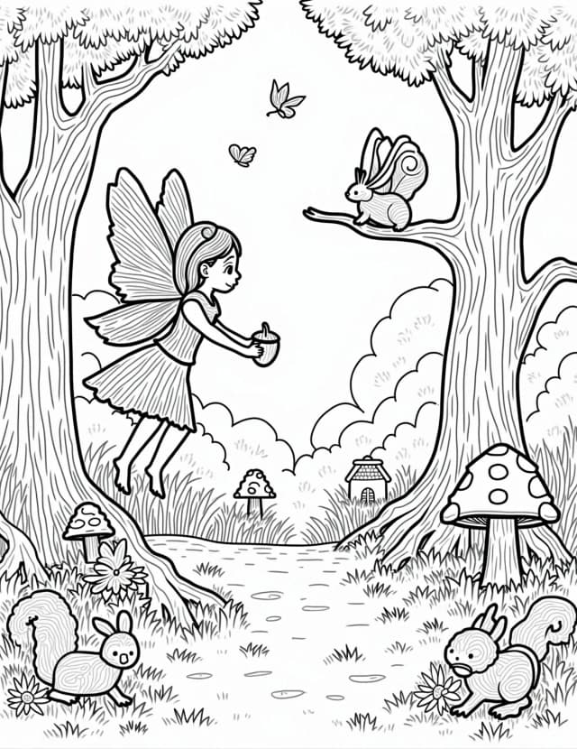 Woodland Fairy's Animal Friends Coloring Page