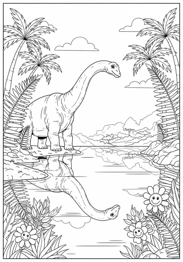 Gentle Diplodocus Lake Reflection Coloring Page