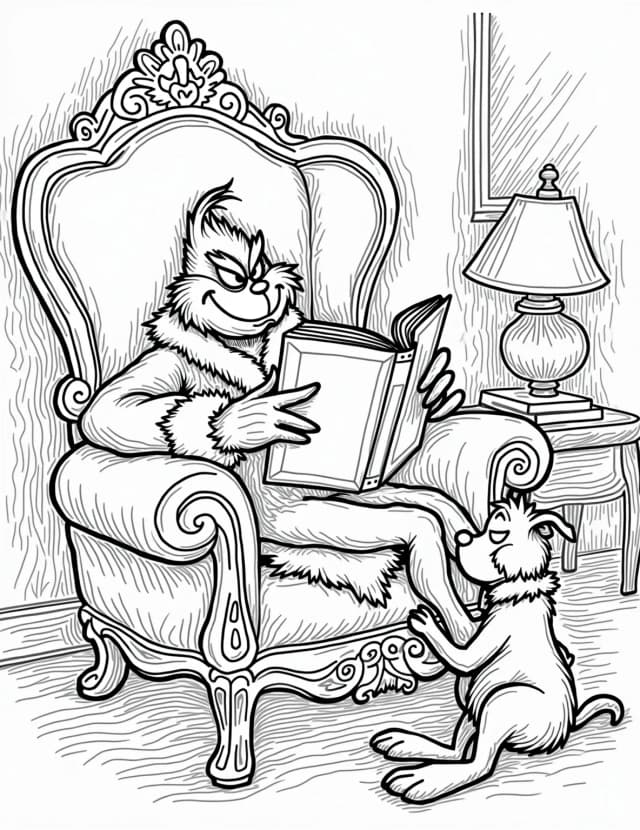 Grinch's Cozy Reading Nook Coloring Page