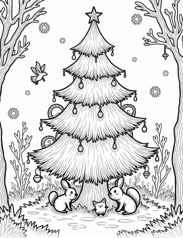 Enchanted Christmas Forest Coloring Page