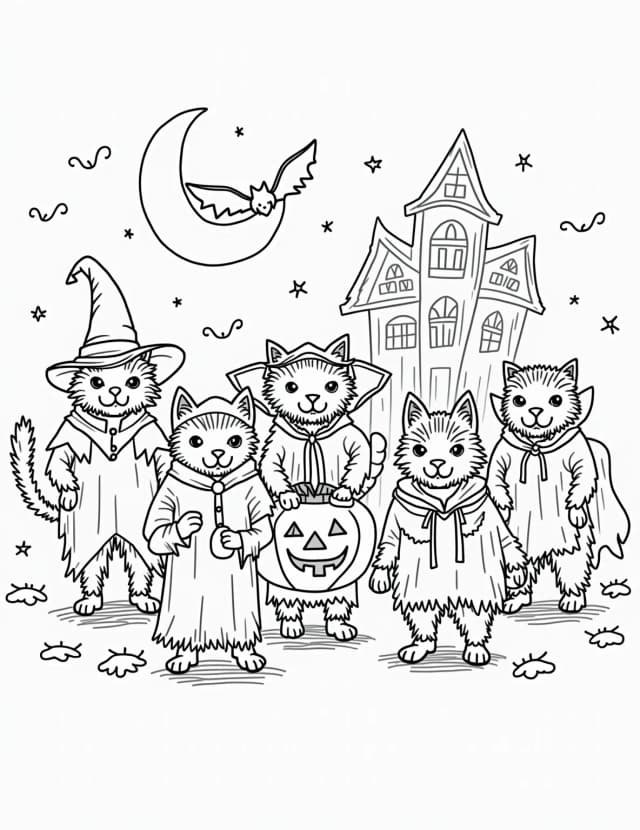 Halloween Cats' Midnight Parade Coloring Page
