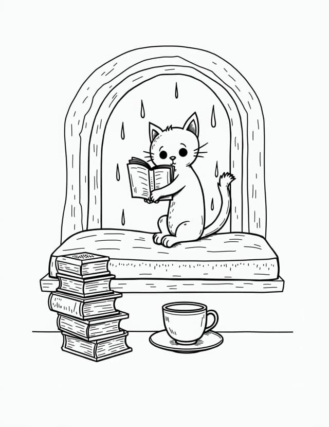 Cozy Cat's Rainy Day Reading Nook Coloring Page