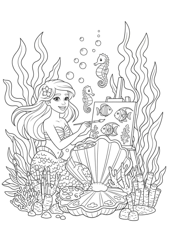 Mermaid's Underwater Art Studio Coloring Page