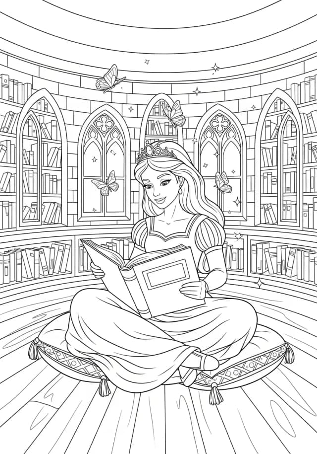 Princess Reading in Library Tower Coloring Page