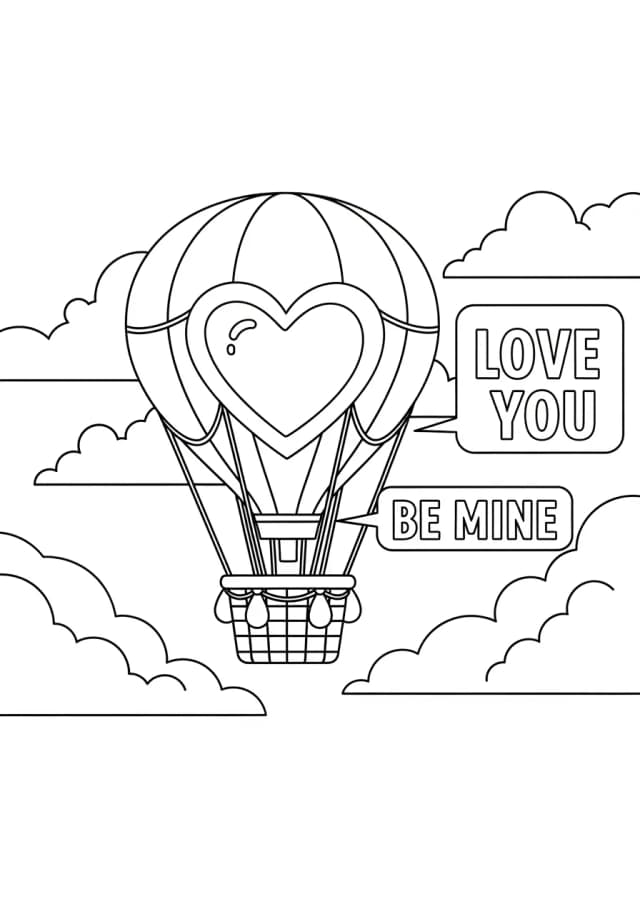 Valentine Hot Air Balloon Adventure Coloring Page