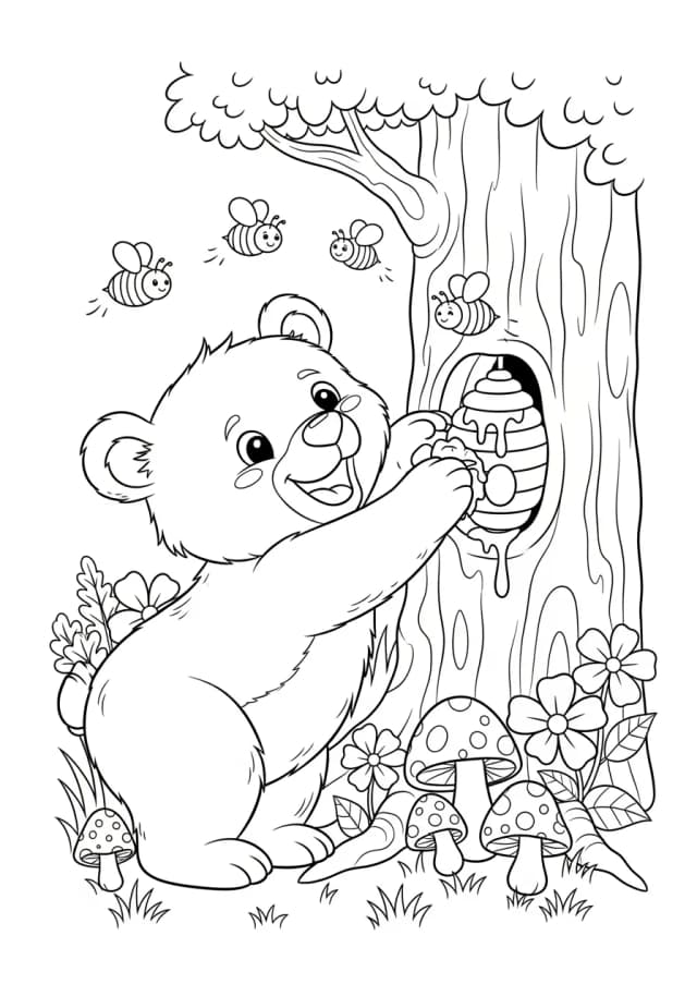 Adventurous Bear Cub Honey Hunt Coloring Page