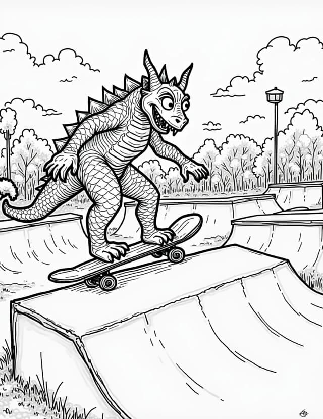 Dragon Skateboard Park Coloring Page