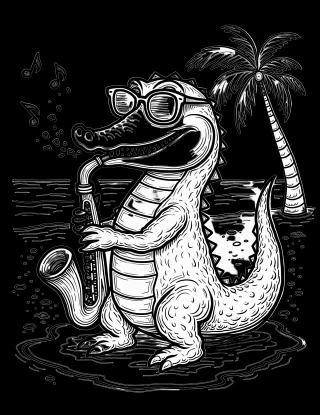A cheerful crocodile playing the saxophone