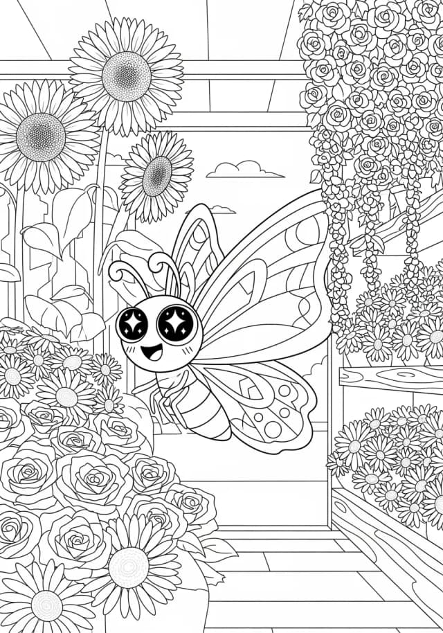 Friendly Butterfly's Flower Shop Visit Coloring Page
