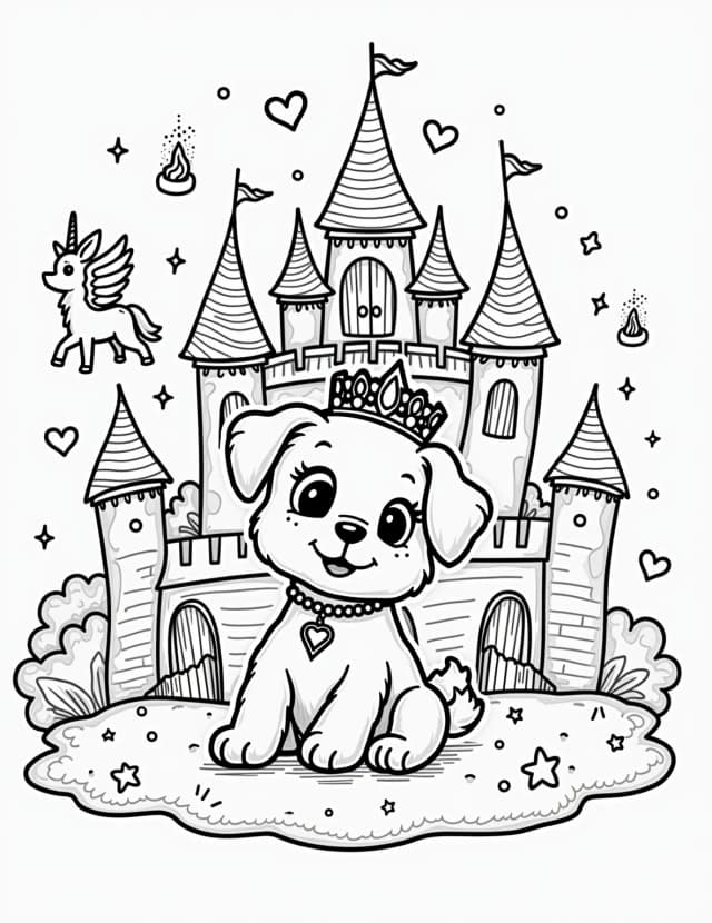 Puppy's Magical Fairy Tale Castle Coloring Page