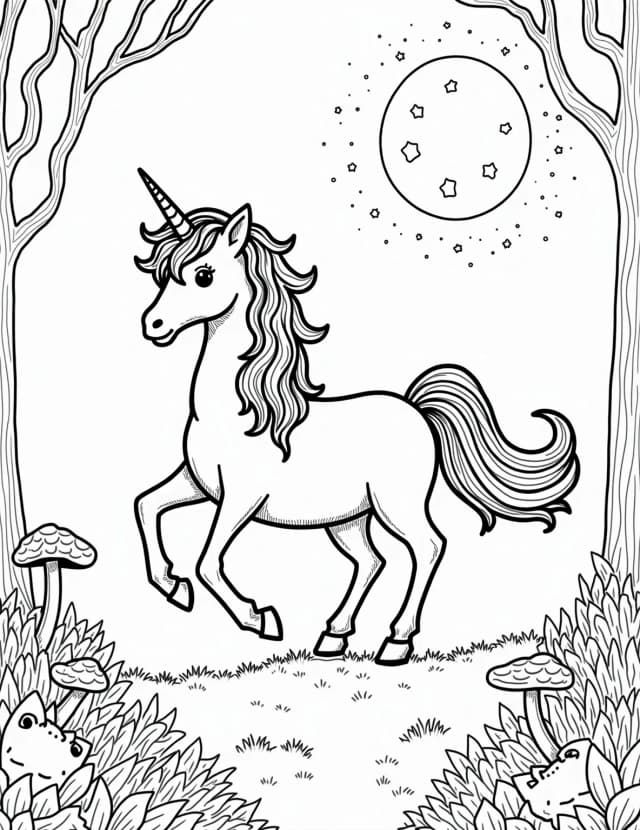 Mystical Unicorn in Enchanted Forest Coloring Page