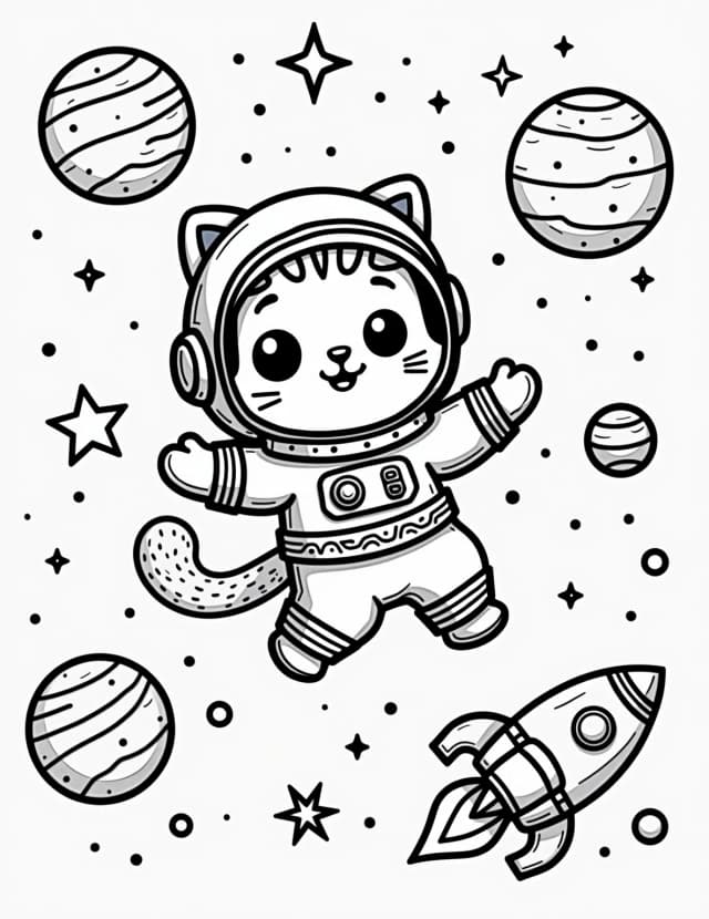 Space Explorer Cat Coloring Page