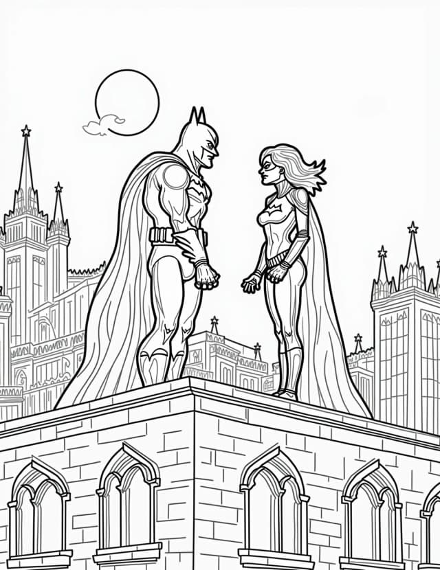 Batman and Catwoman Rooftop Encounter Coloring Page