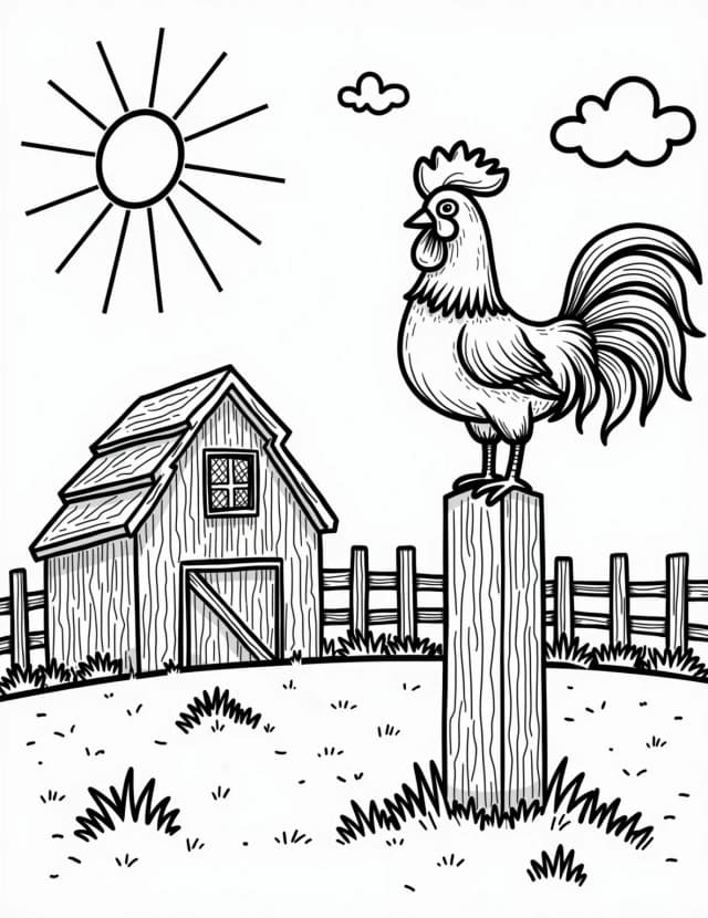 Proud Rooster Welcoming the Dawn Coloring Page