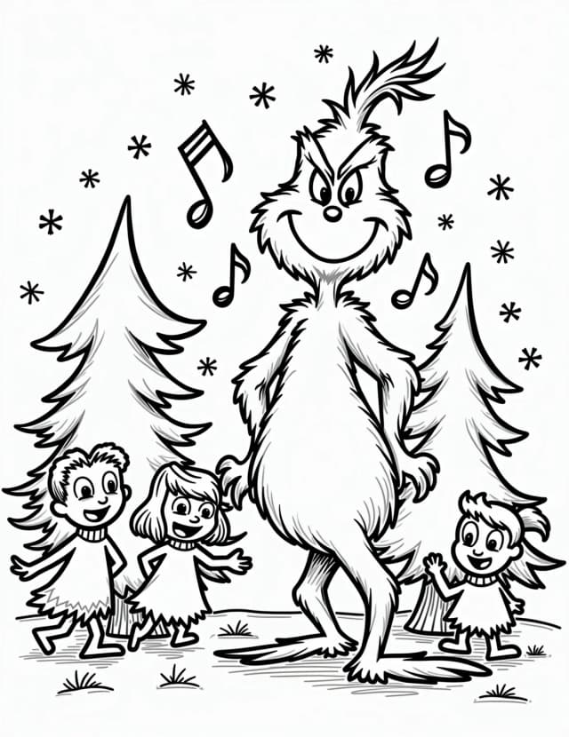 Grinch's Joyful Carol Singing Coloring Page